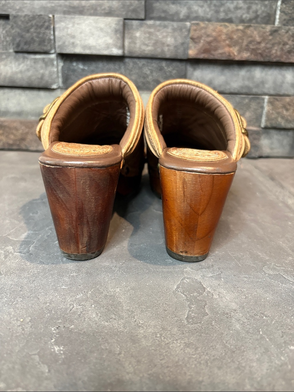 Ariat Tan Distressed Leather Buckle Clog Mules with Wood Sole - Picture 6 of 11